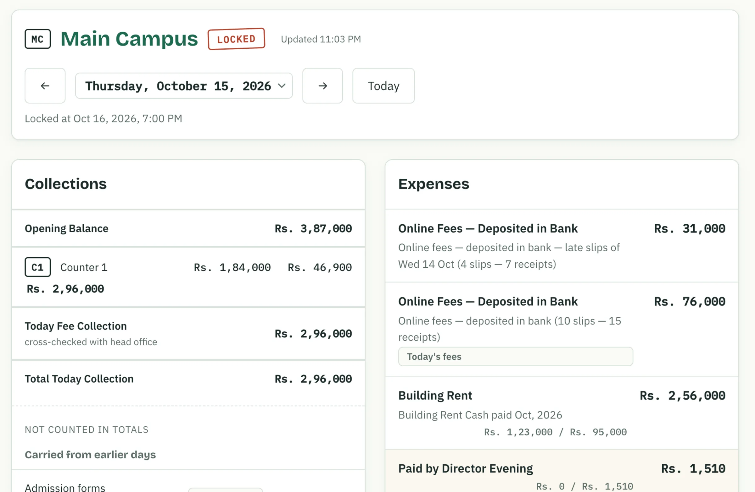 CampusBook school accounting software: a campus's locked daily cash sheet with collections and expenses